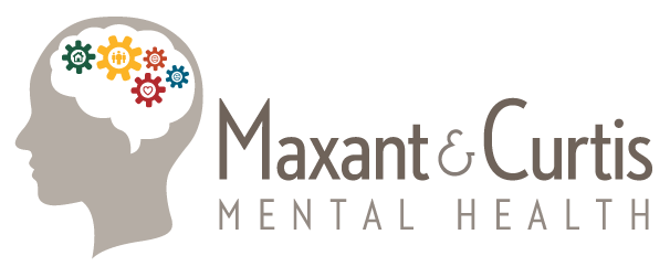 MCMentalHealthlogo2x Maxant & Curtis logo, head silhouette with colored gears inside. brain outline
