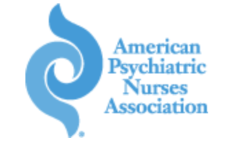 American Psychiatric Nurses Association badge, blue swirl with text