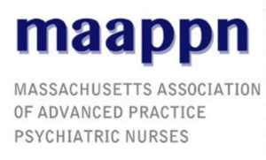 MA Association of Advanced Practice Psychiatric Nurses badge,blue text with acronym
