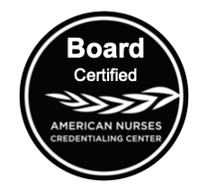 Board certified badge from American Nurses Credentialing Center, words with white 'leaf' graphic